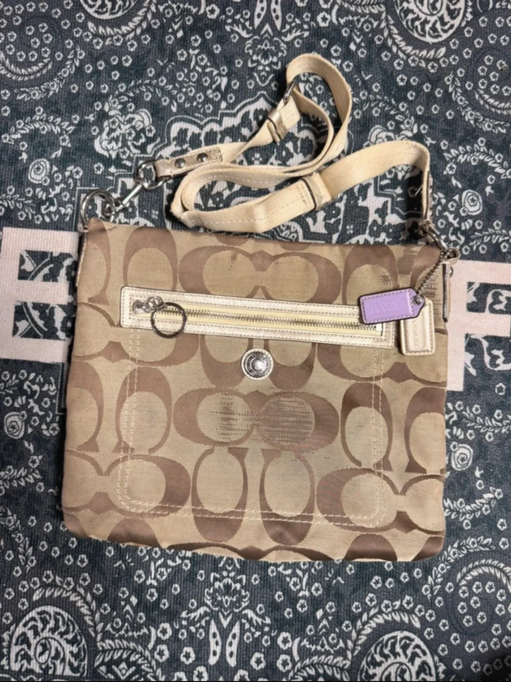 Coach Tan Signature Canvas Crossbody Bag with Lavender Tag